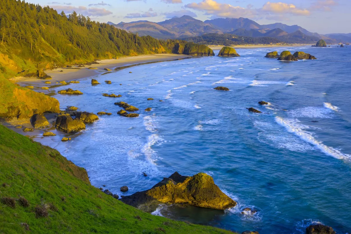 This exterior image features ocean waves breaking against a rocky coastline, with sandy beaches and distant mountains under a tranquil sky. The scene suggests opportunities for beachcombing, hiking, and observing marine life—inviting guests to explore beyond the wetlands to the broader coastal landscape.