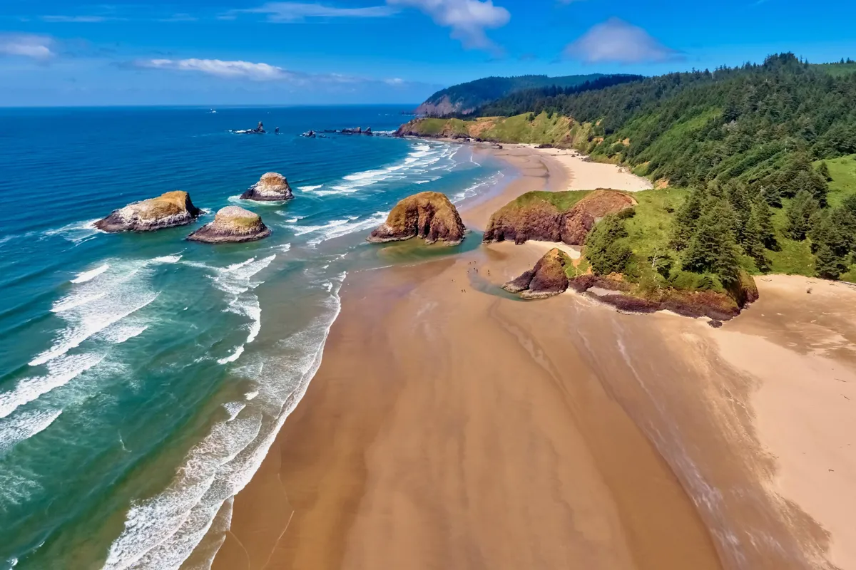A scenic view of rock formations and forested cliffs framing a sandy beach and gently rolling ocean waves. The peaceful atmosphere and natural beauty emphasize the allure of the coastline for exploration, relaxation, and activities like sandcastle building or kite flying.