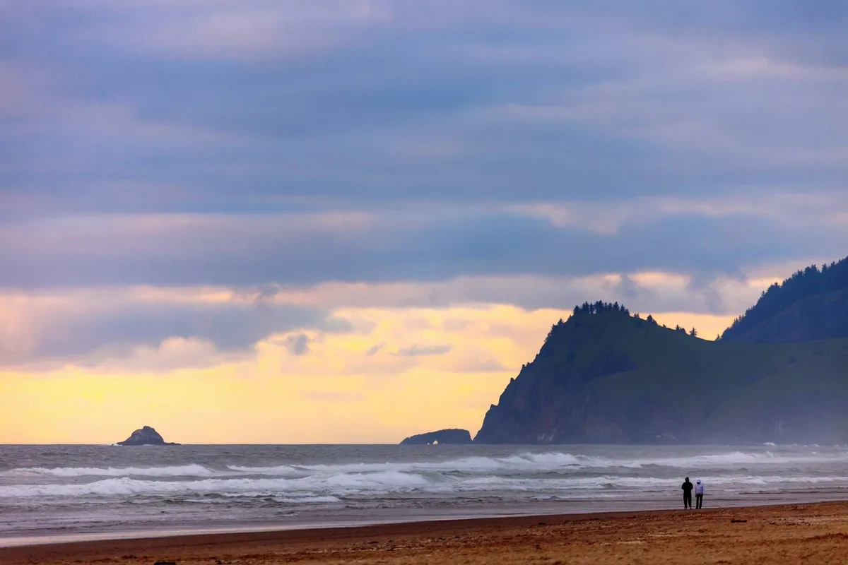 A sweeping view of the beach with waves crashing on the shore, distant cliffs in the background, and a couple strolling along the sand. The open shoreline invites leisurely walks and playful moments with pets, set against a dramatic coastal landscape.